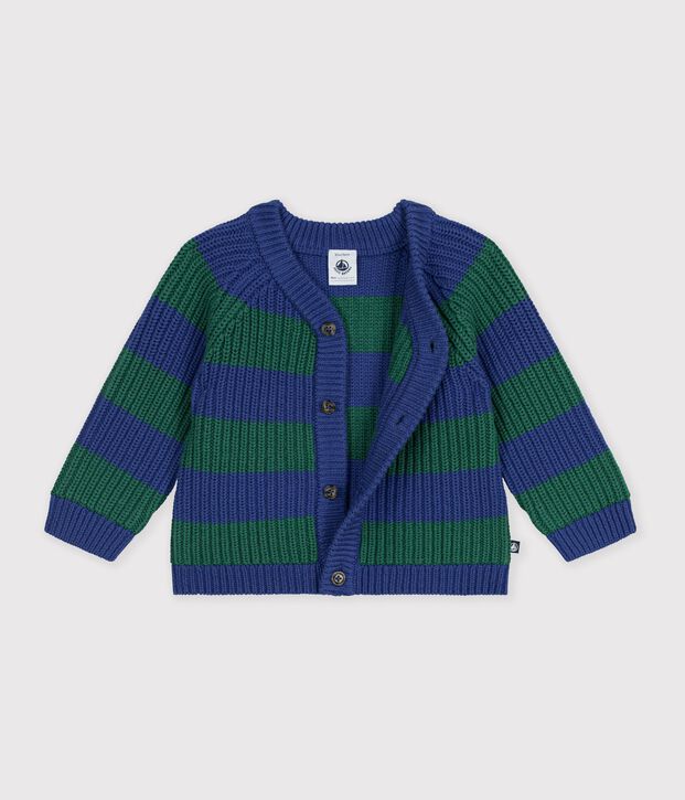 Babies' stripy wool and cotton knit cardigan multicolor/green