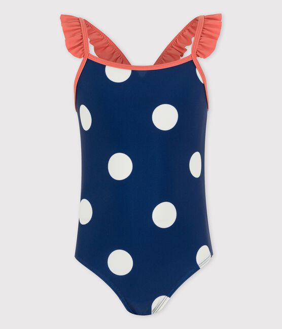 Girls' One-Piece Spotted Swimsuit MEDIEVAL blue/MARSHMALLOW white