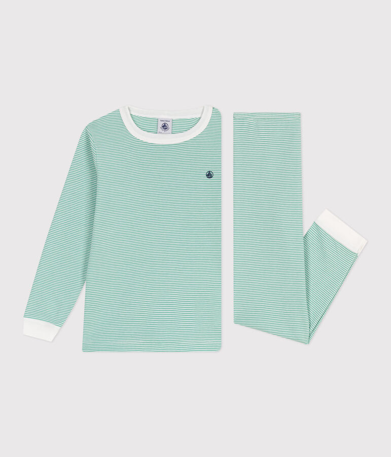 Children's stripy cotton pyjamas green/white