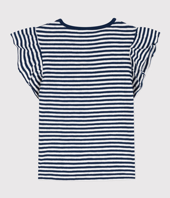 Girls' Striped Cotton T-Shirt MEDIEVAL blue/MARSHMALLOW white