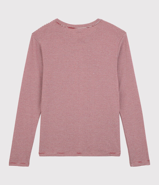 Women's Iconic Round-Neck Striped Cotton T-Shirt SANGRIA red/MARSHMALLOW