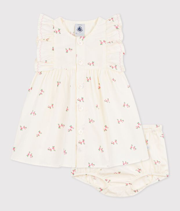 Babies' cotton baby dress with bloomers, printed with flowers Ecru/multicolor