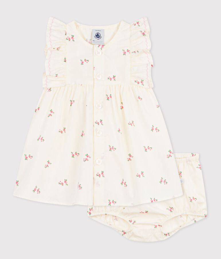 Babies' cotton baby dress with bloomers, printed with flowers Ecru/multicolor