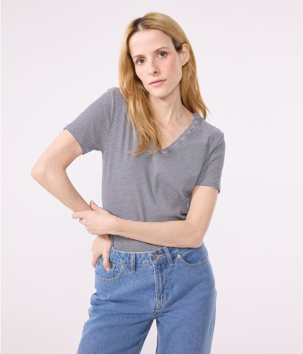 Women's Iconic Striped Cotton V-neck T-Shirt blue/white
