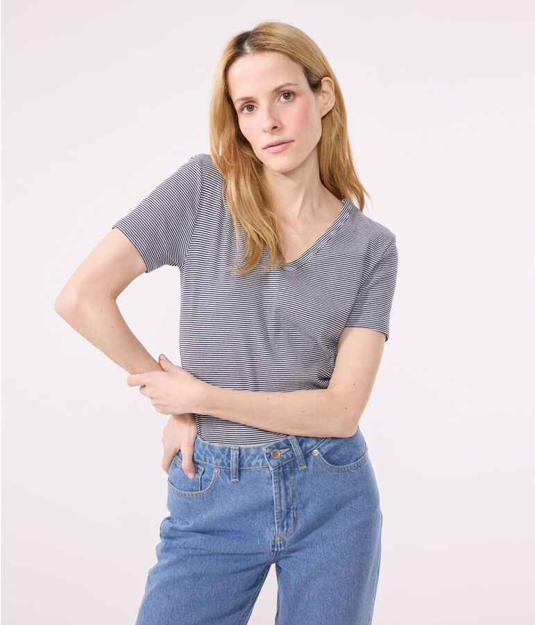 Women's Iconic Striped Cotton V-neck T-Shirt SMOKING blue/MARSHMALLOW white