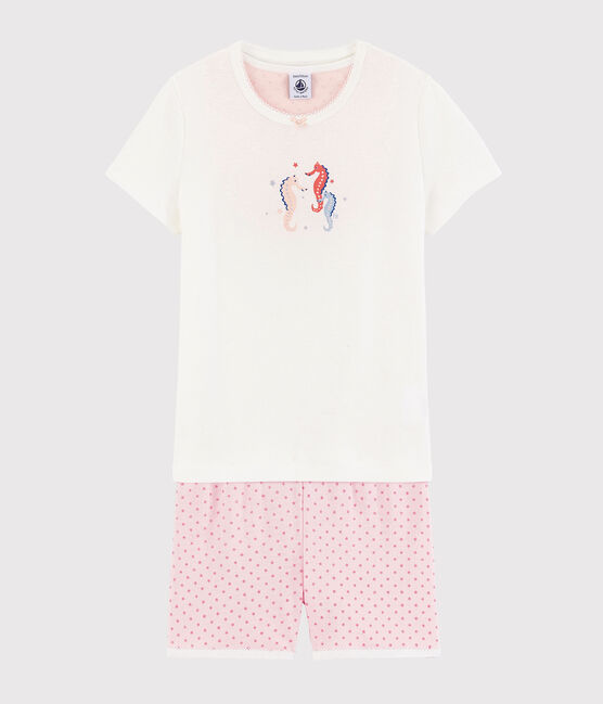 Girls' Seahorse Pattern Cotton Short Pyjamas MARSHMALLOW white/GRETEL pink