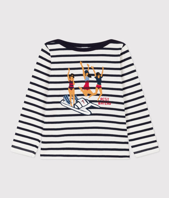 Girls' Thick Cotton Screen-Printed Breton Top MARSHMALLOW white/SMOKING blue