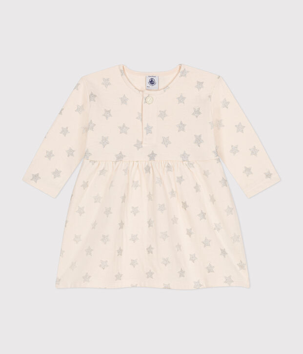 Rib knit star print dress for baby Ecru/grey