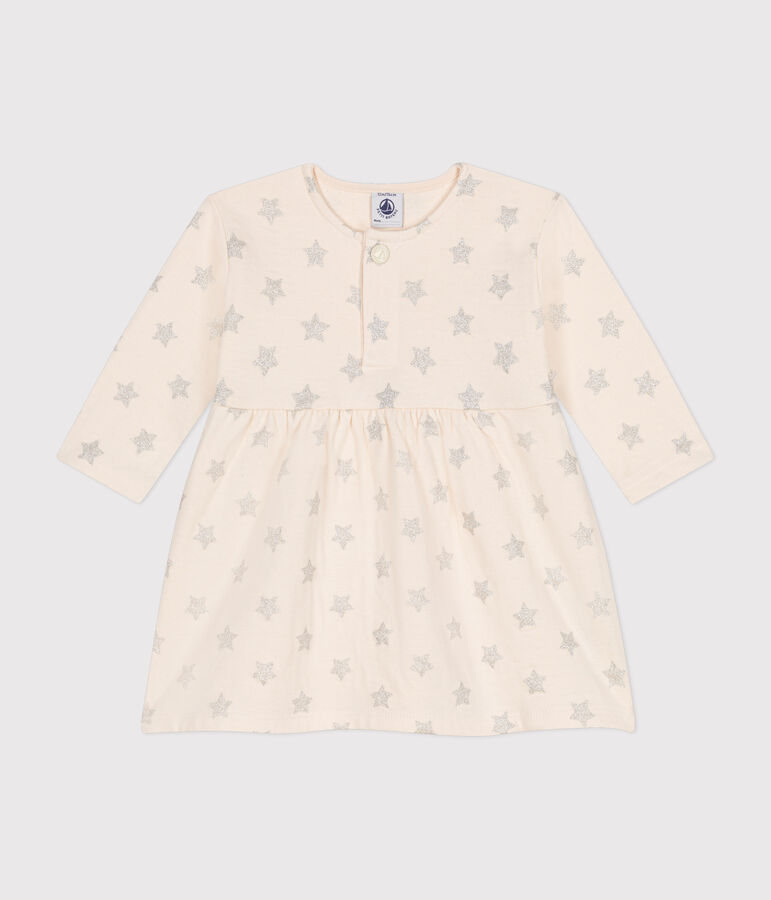 Rib knit star print dress for baby Ecru/grey