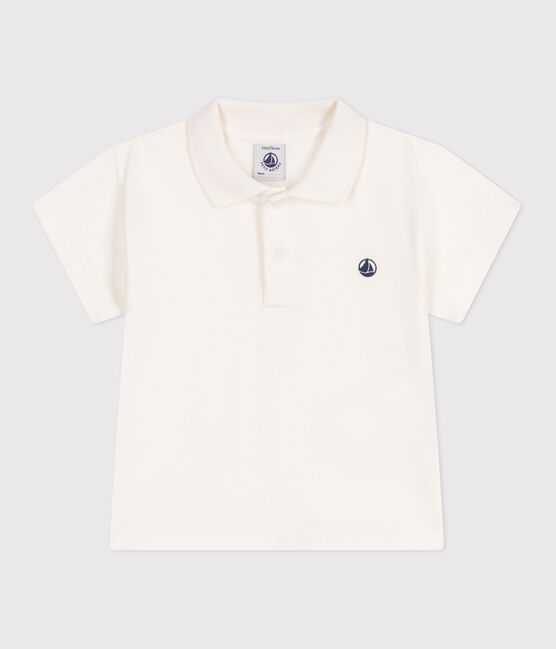 Babies' short-sleeved plain cotton polo shirt MARSHMALLOW white