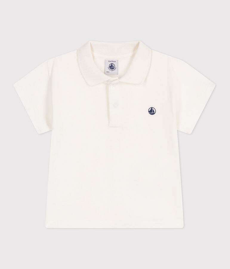 Babies' short-sleeved plain cotton polo shirt MARSHMALLOW white