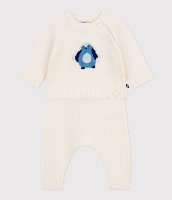 Babies' two-piece knitted outfit with a penguin print MARSHMALLOW white/MULTICO white
