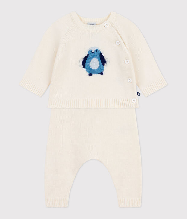 Babies' two-piece knitted outfit with a penguin print white/multicolor