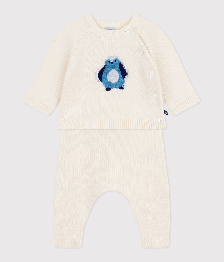 Babies' two-piece knitted outfit with a penguin print white/multicolor