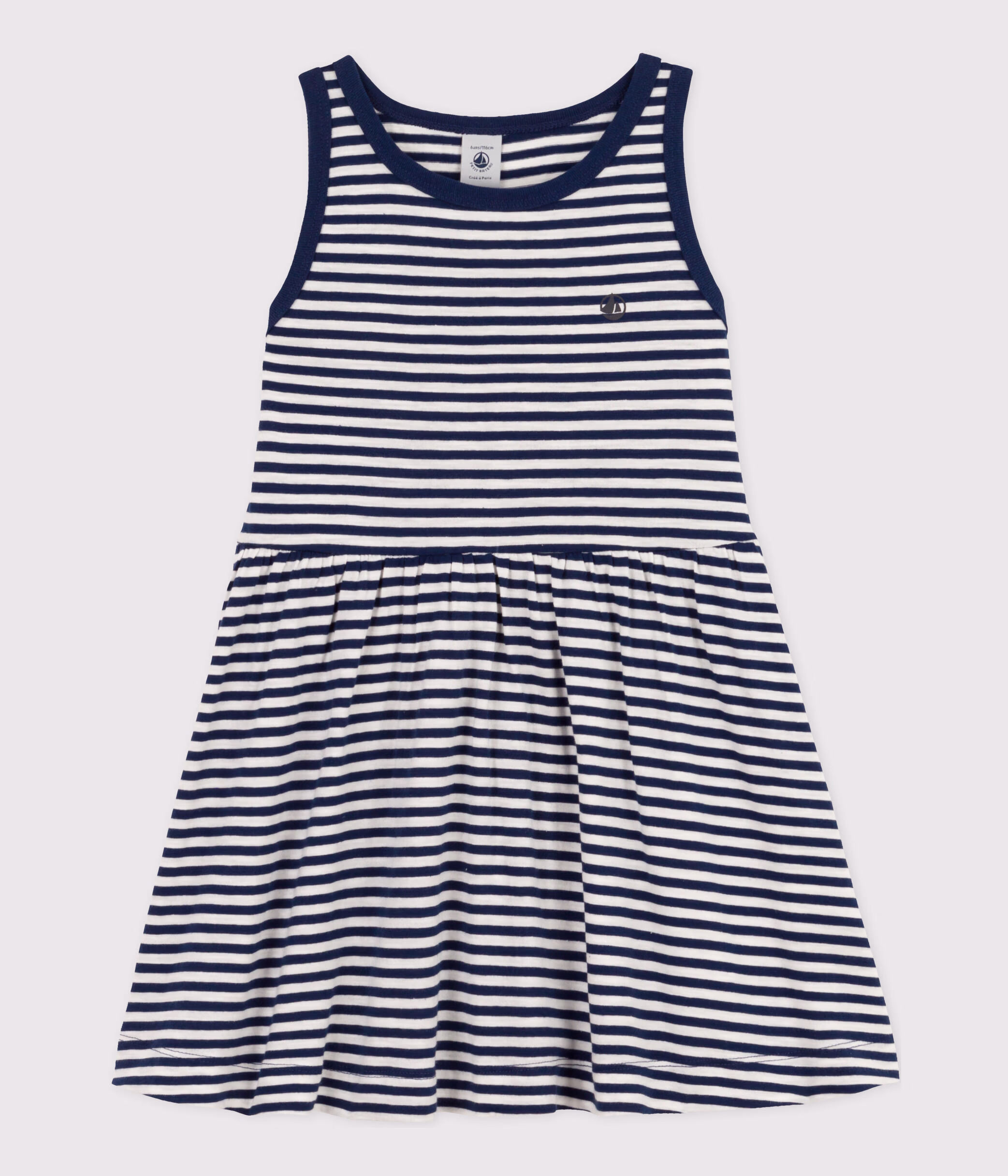 Blue and white striped sleeveless dress top