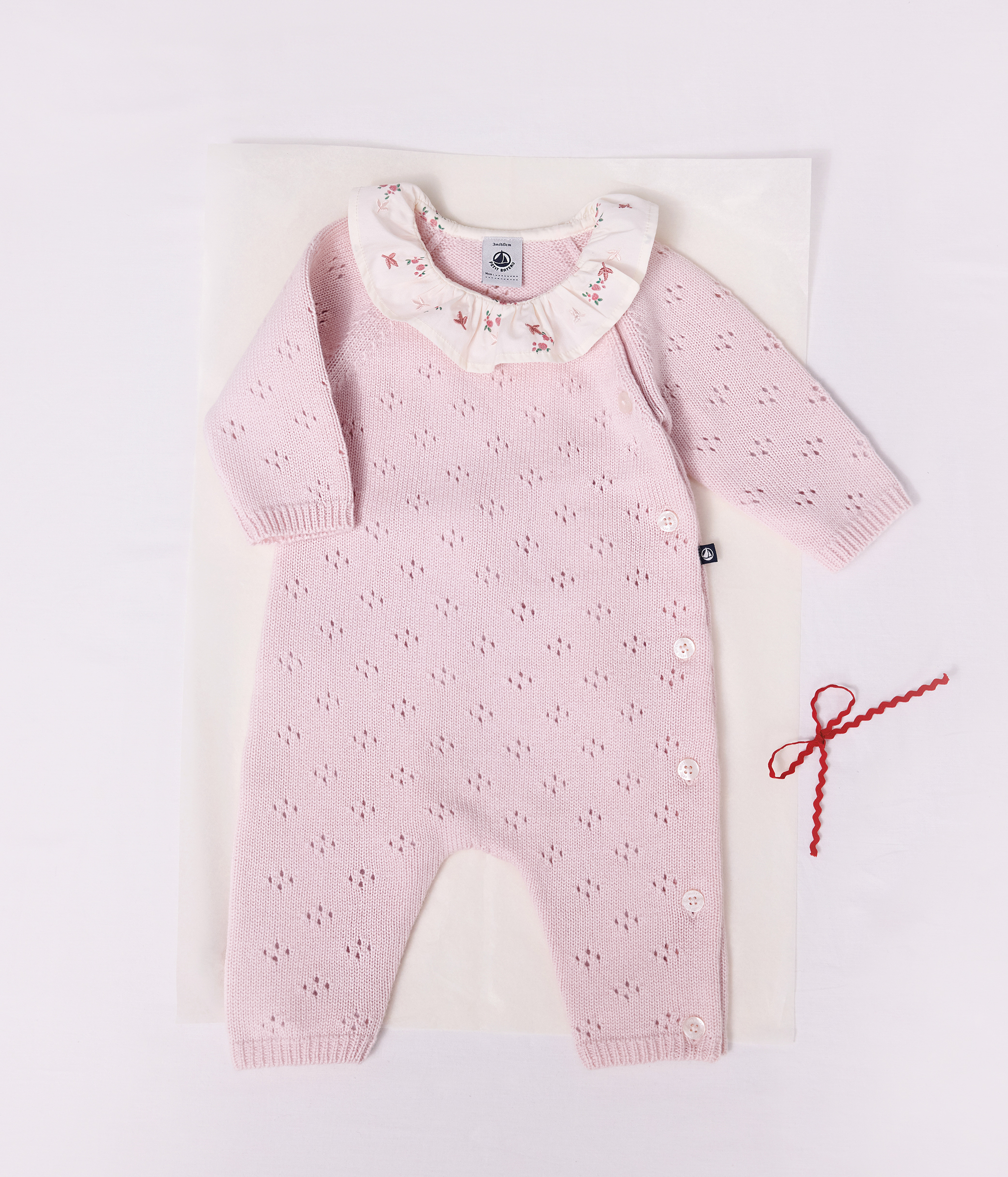 Babies' jumpsuit in wool and cotton knit with a plain collar - Default