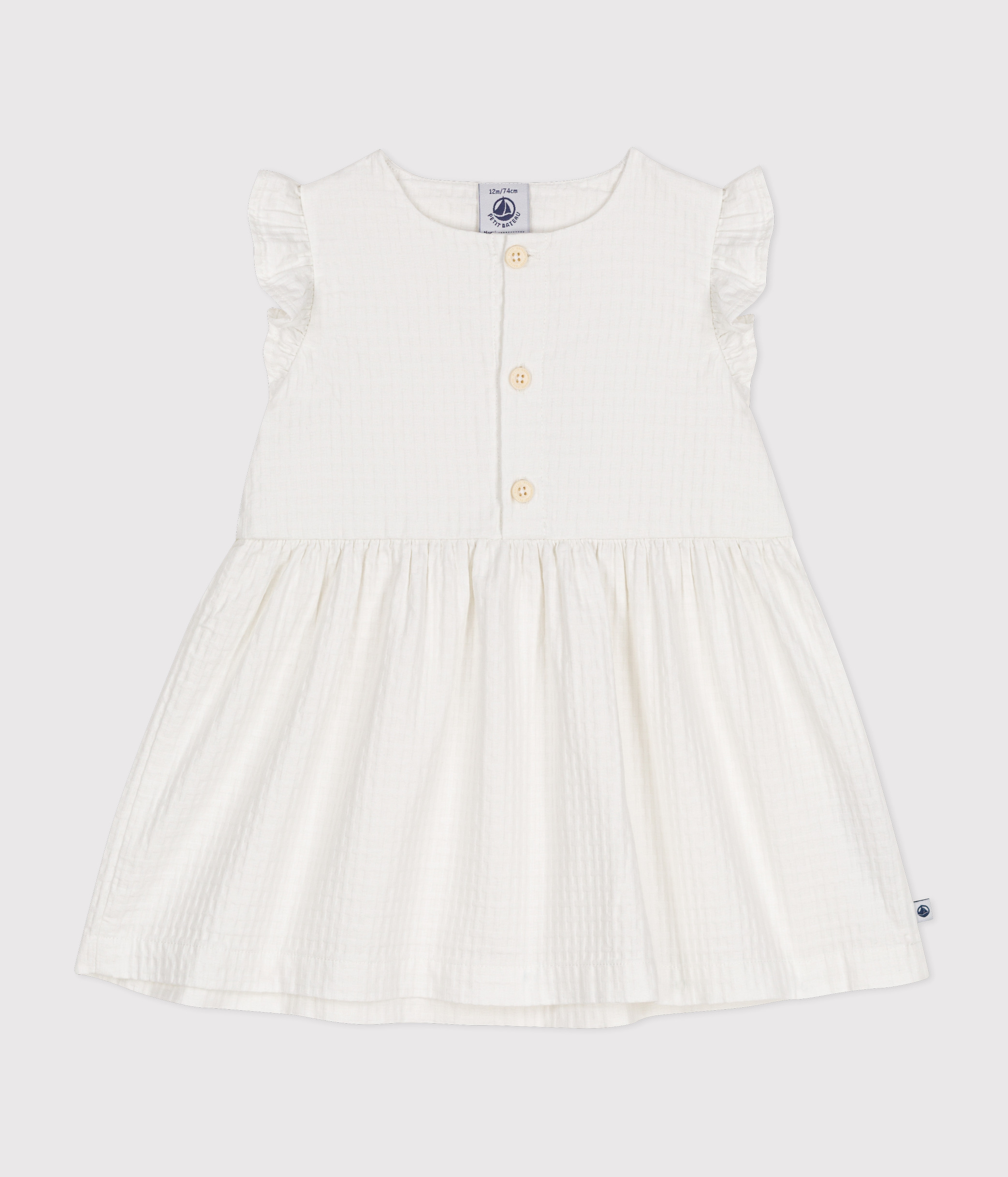 Babies' Sleeveless Textured Cotton Dress MARSHMALLOW Petit Bateau