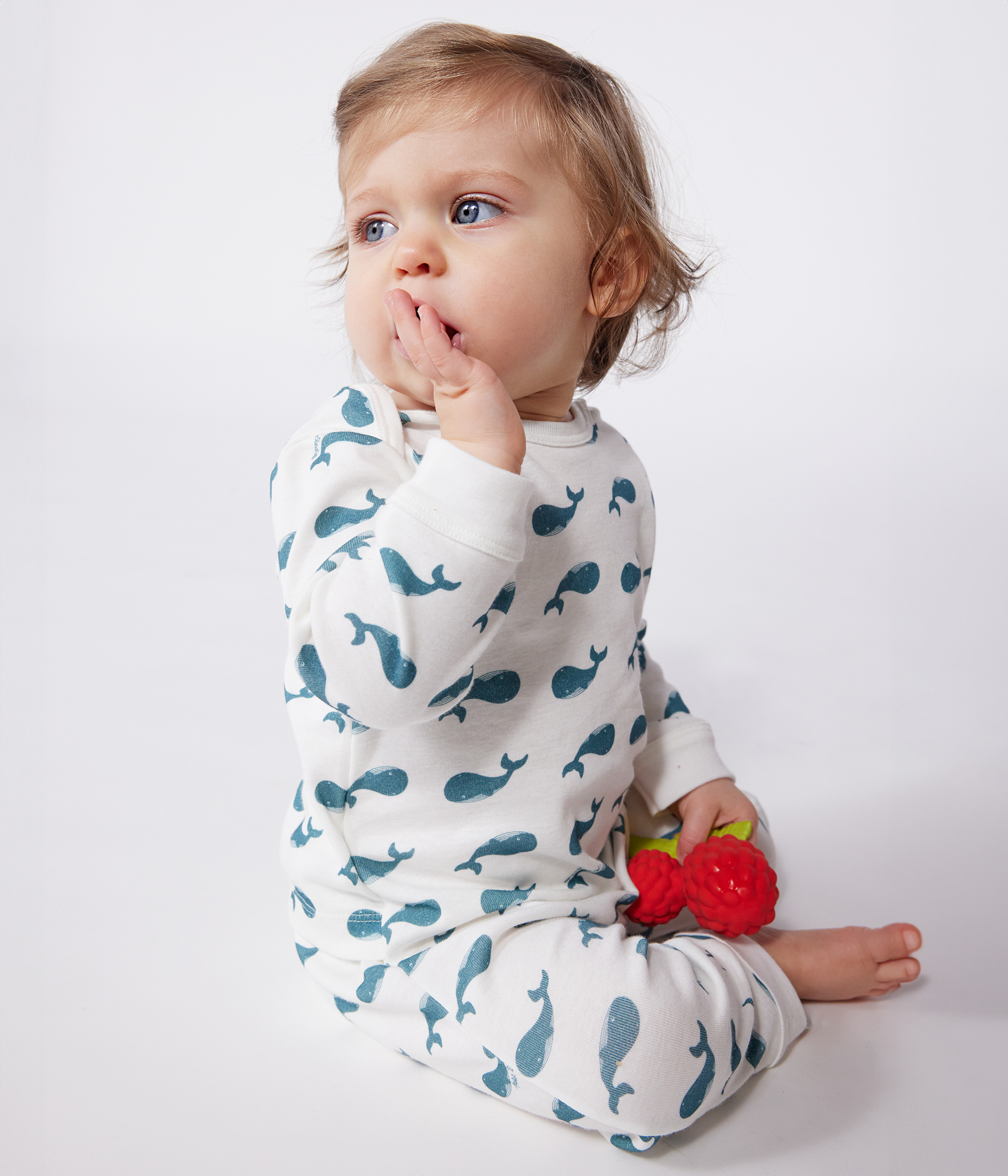 Babies' whale pattern popper-free cotton pyjamas MARSHMALLOW