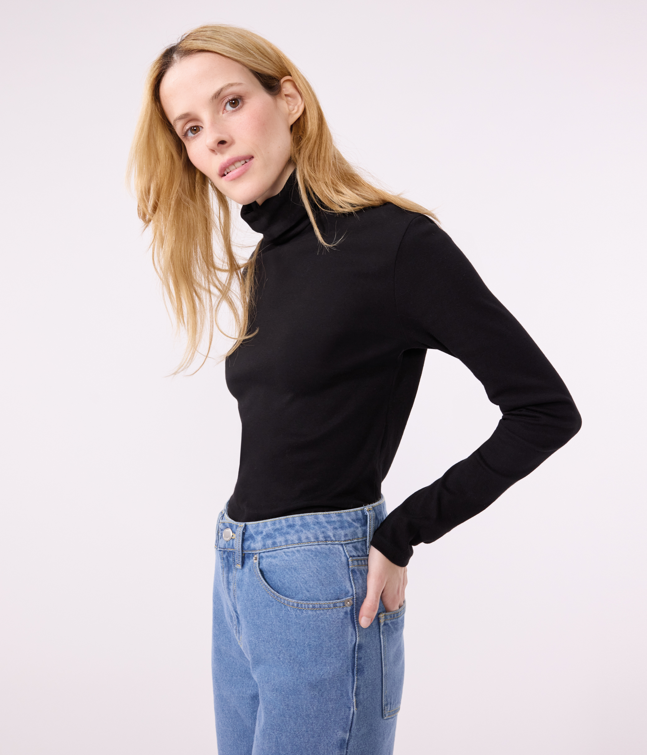 Women's Iconic roll neck cotton T-shirt BLACK Petit Bateau