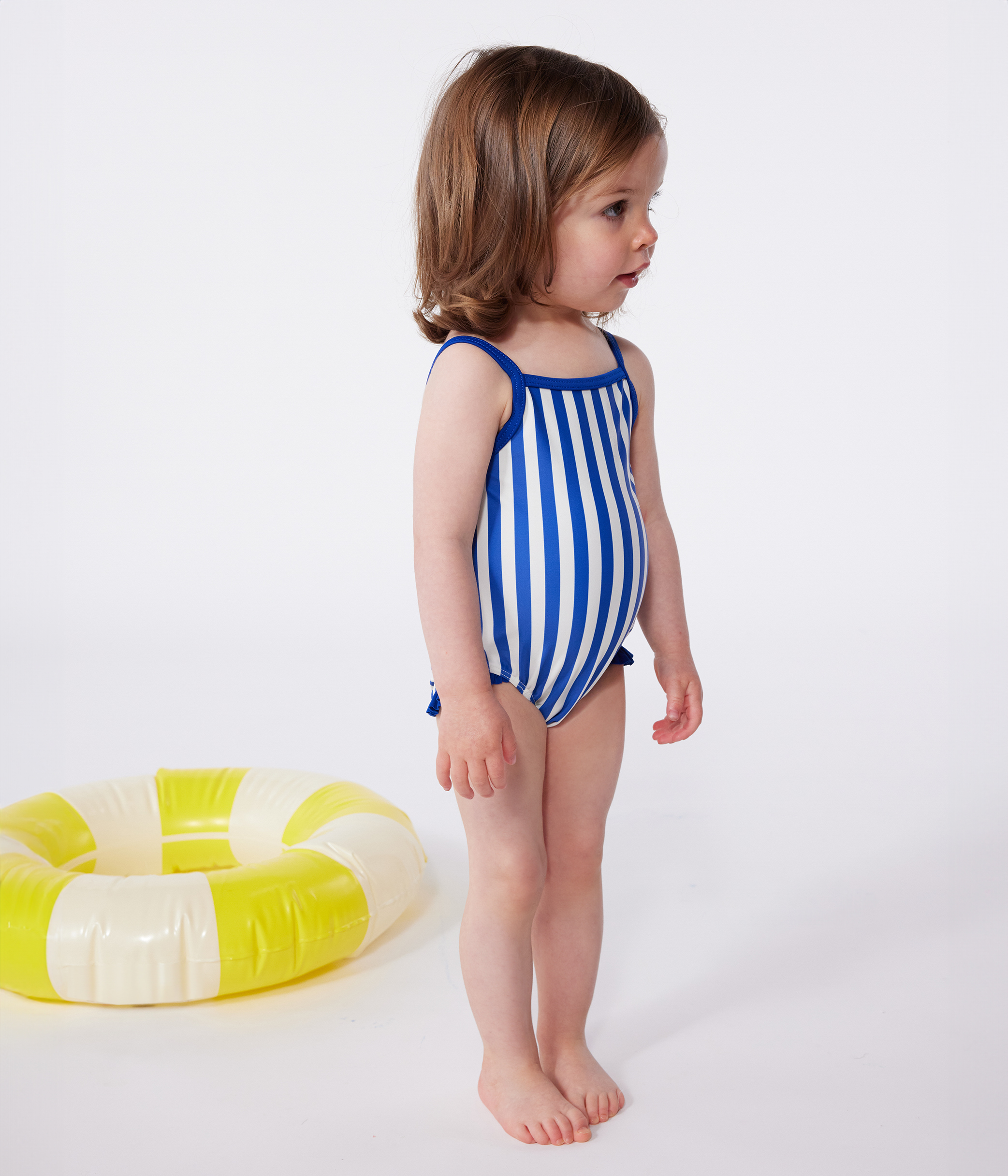 Babies' one-piece swimsuit with frills and a stripy SURF