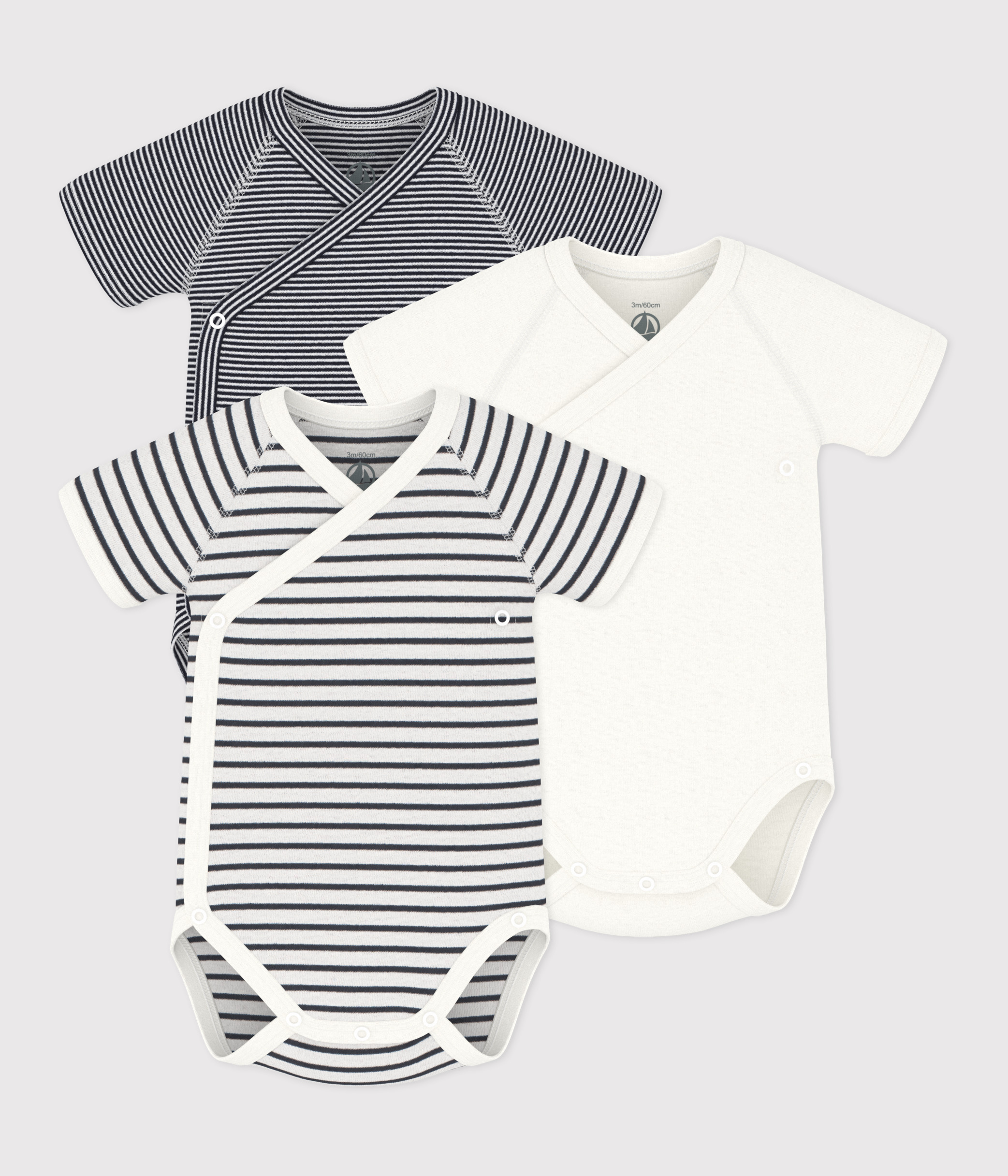 PACK OF 3 SHORTSLEEVED WRAPOVER BABY BODYSUITS IN STRIPY COTTON