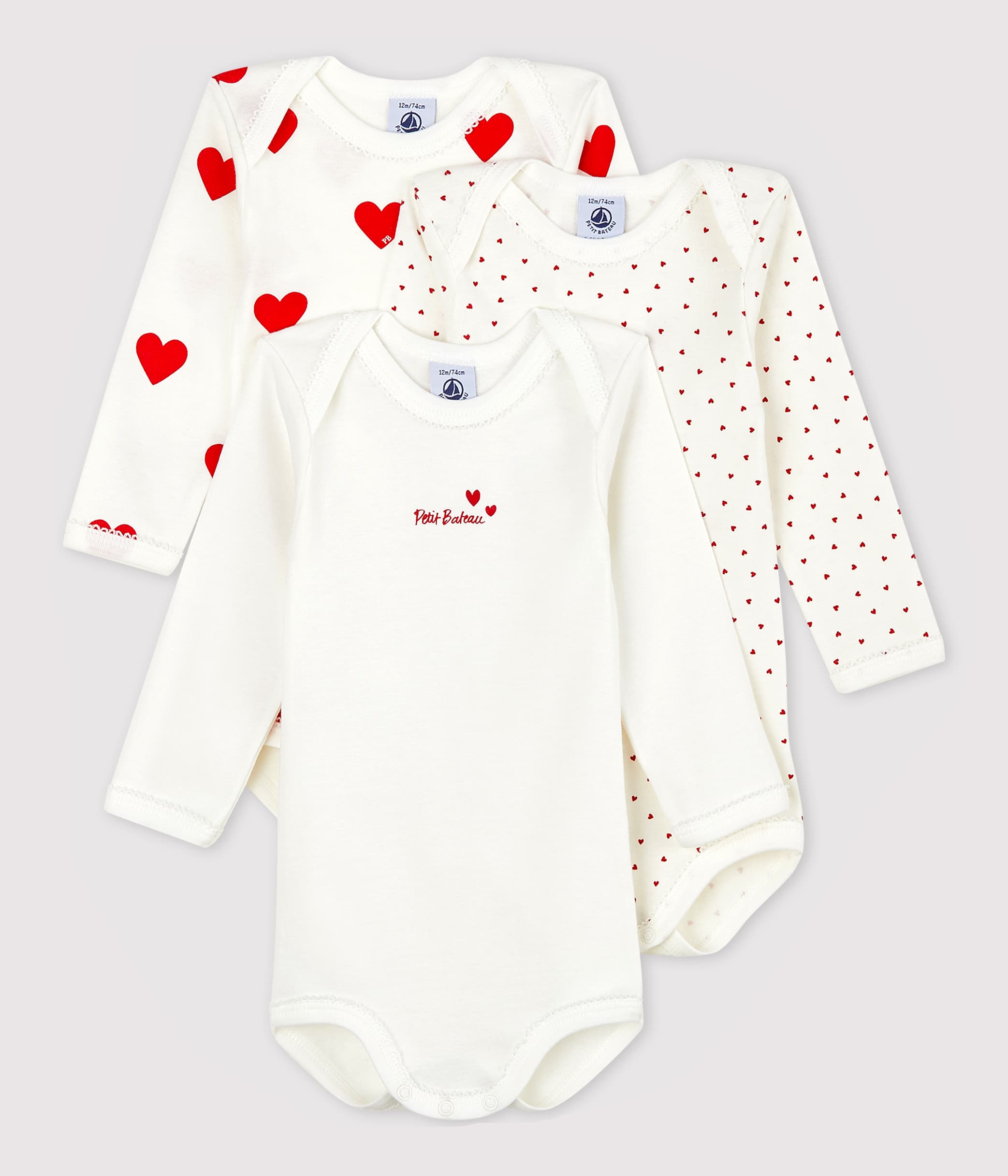 Petit Bateau BABIES' GIRL RED HEARTS FOOTIE SIZES 1-3 MONTH