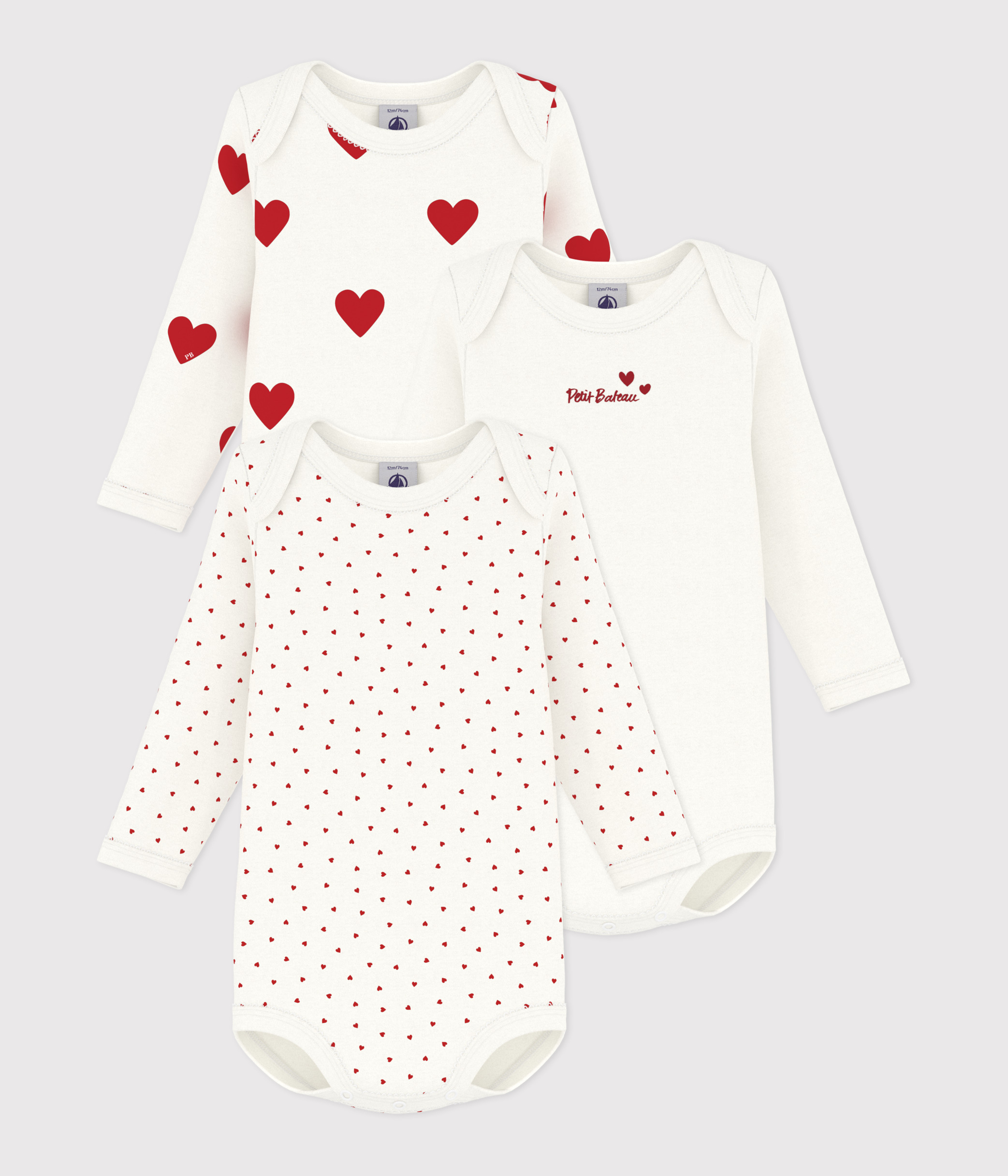 Petit Bateau BABIES' GIRL RED HEARTS FOOTIE SIZES 1-3 MONTH